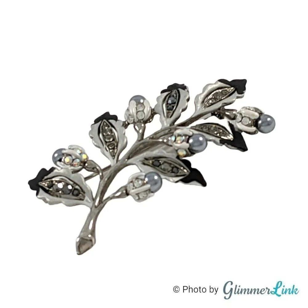 Vintage Two Tone Rhinestone Leaf Faux Pearl Branch Brooch
